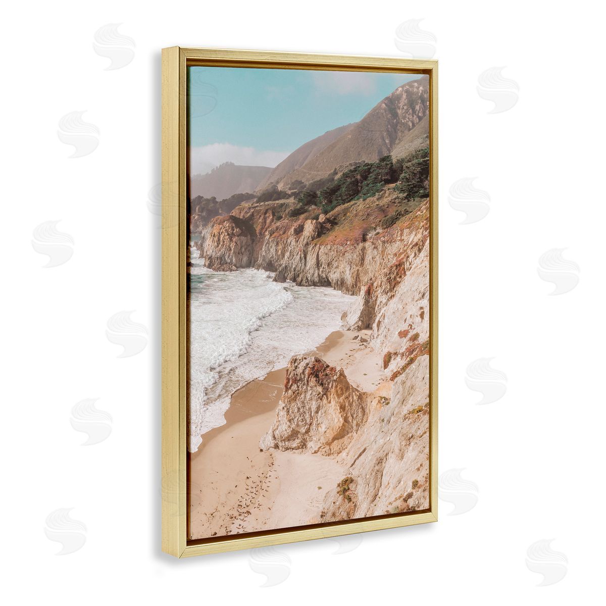Nataly White Rocky Ocean Cove Gold Floating Frame Canvas Wall Art Print