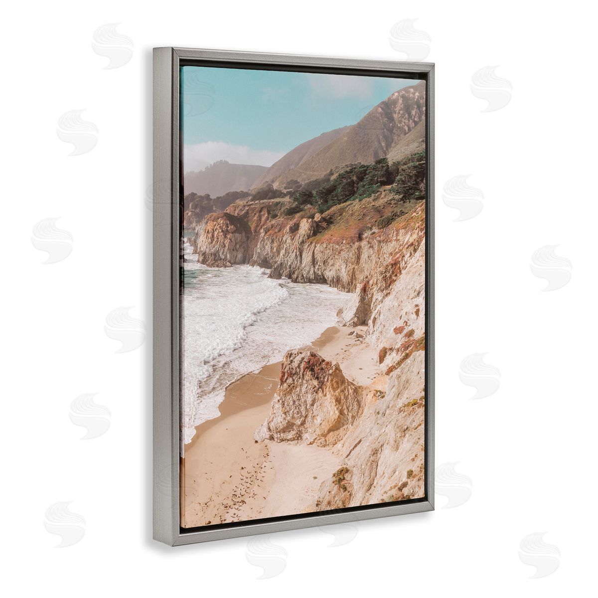 Nataly White Rocky Ocean Cove Gray Floating Frame Canvas Wall Art Print