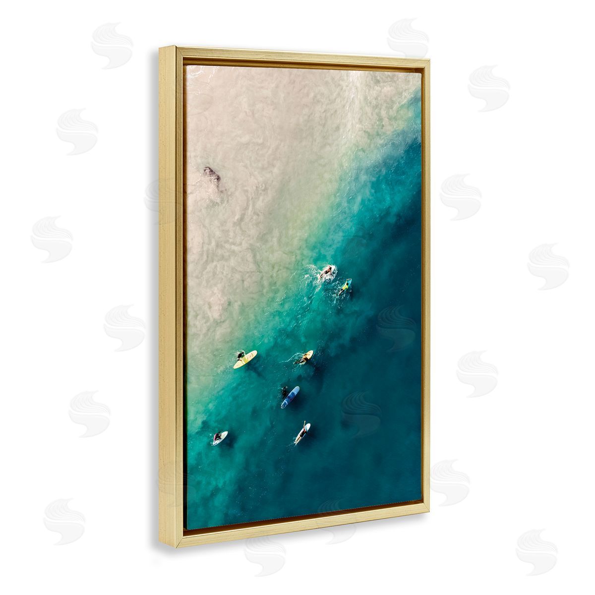 Nataly White Surfers on Vivid Shore Gold Floating Frame Canvas Wall Art Print