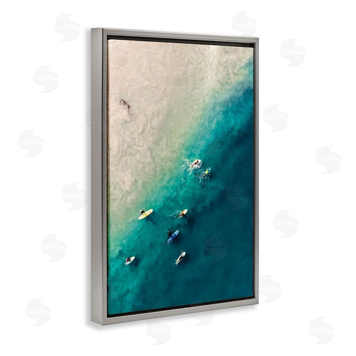 Nataly White Surfers on Vivid Shore Gray Floating Frame Canvas Wall Art Print