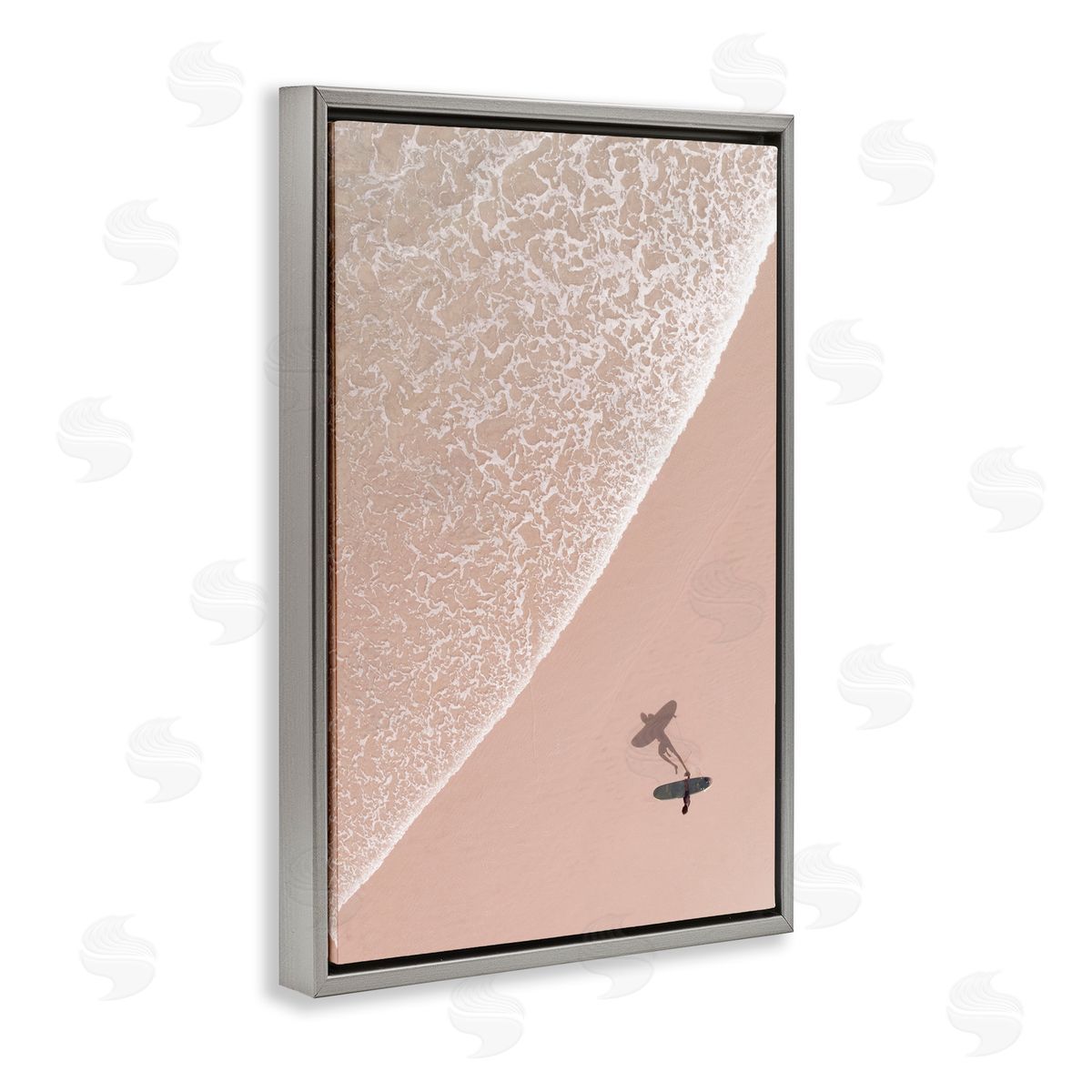 Nataly White Beach Surfer Silhouette Gray Floating Frame Canvas Wall Art Print