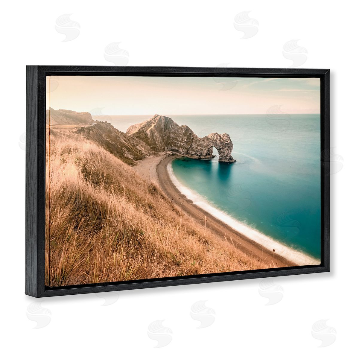 Nataly White Beach With Arched Cove Black Floating Frame Canvas Wall Art Print