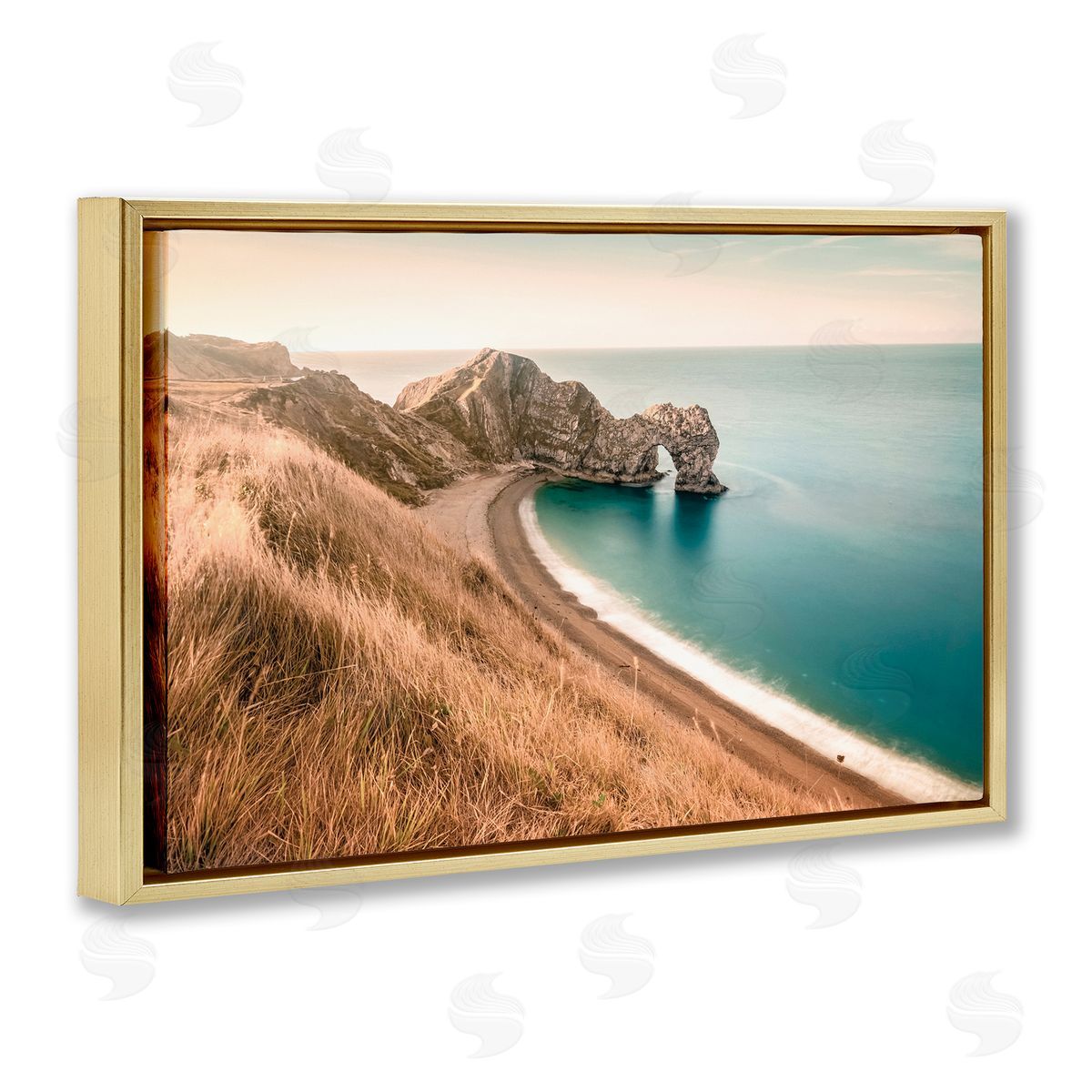 Nataly White Beach With Arched Cove Gold Floating Frame Canvas Wall Art Print