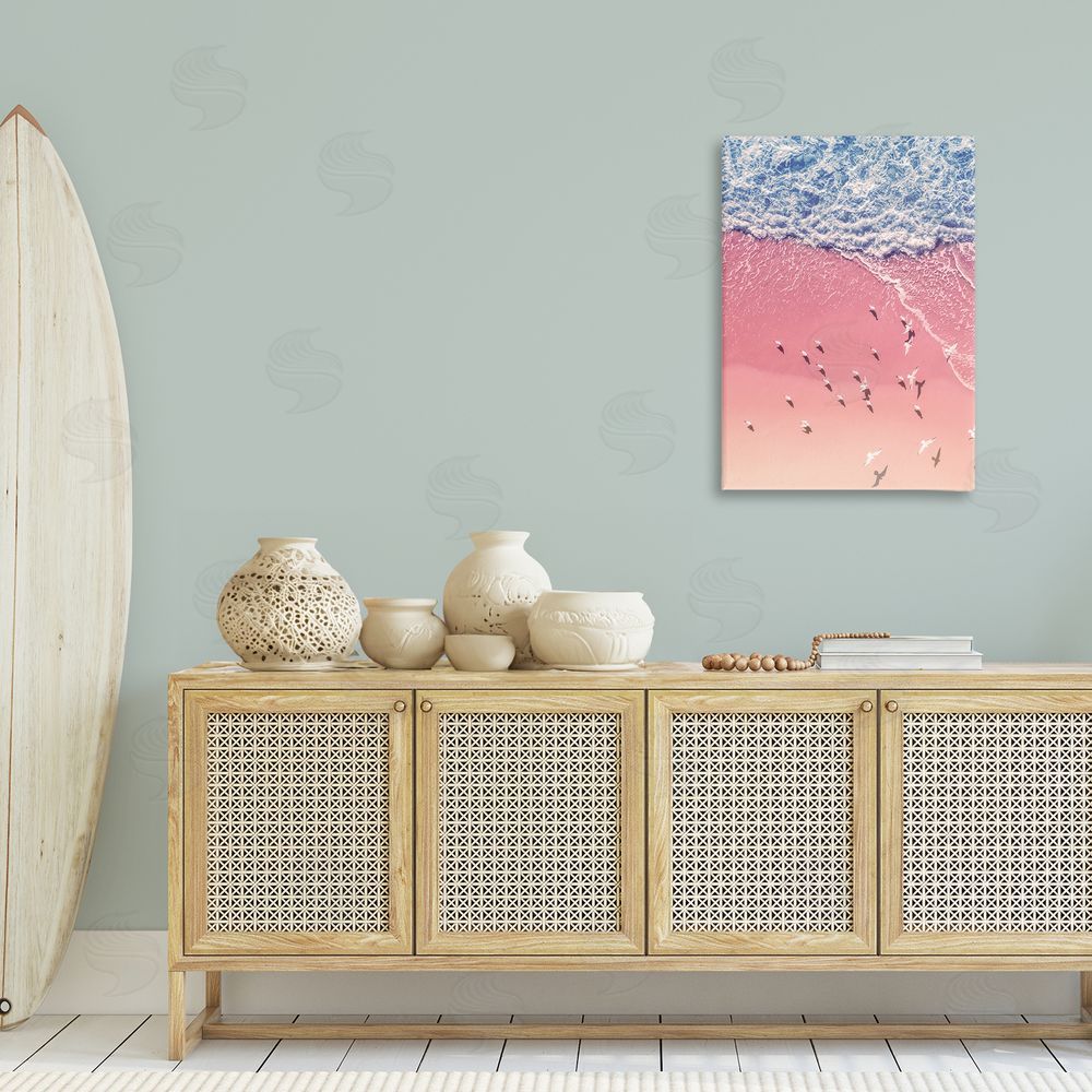 Nataly White Aerial Seagulls Pink Beach Canvas Wall Art Print in Room