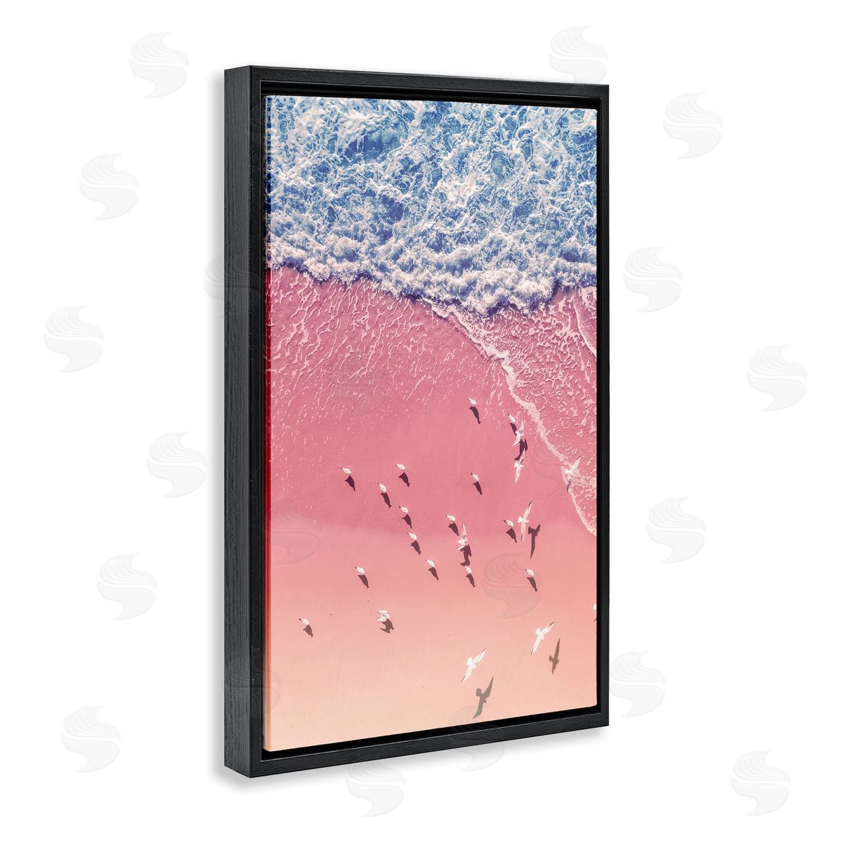 Nataly White Aerial Seagulls Pink Beach Black Floating Frame Canvas Wall Art Print