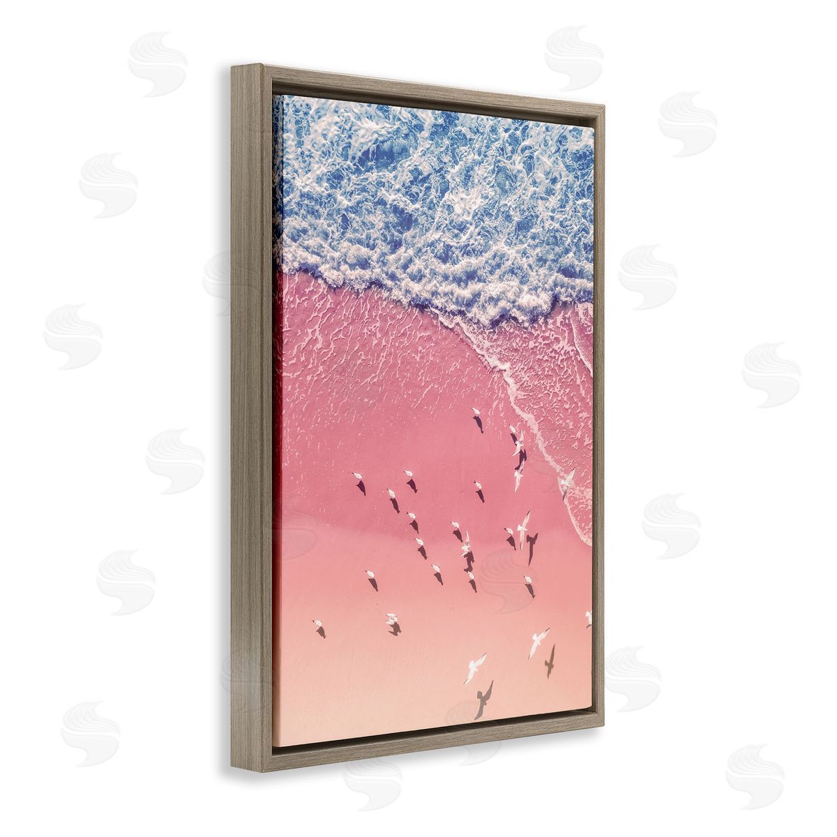 Nataly White Aerial Seagulls Pink Beach Brown Floating Frame Canvas Wall Art Print