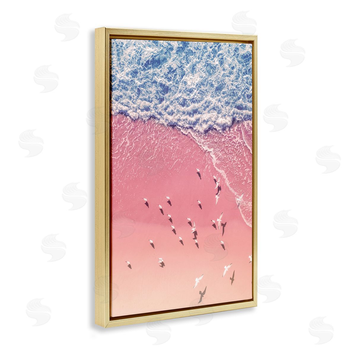 Nataly White Aerial Seagulls Pink Beach Gold Floating Frame Canvas Wall Art Print