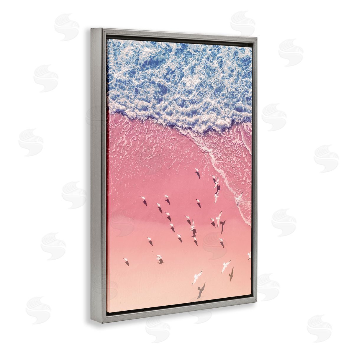 Nataly White Aerial Seagulls Pink Beach Gray Floating Frame Canvas Wall Art Print