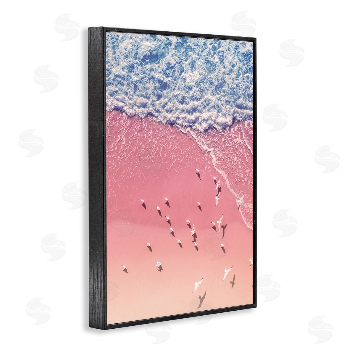Nataly White Aerial Seagulls Pink Beach Black Framed Giclee Wall Art Print