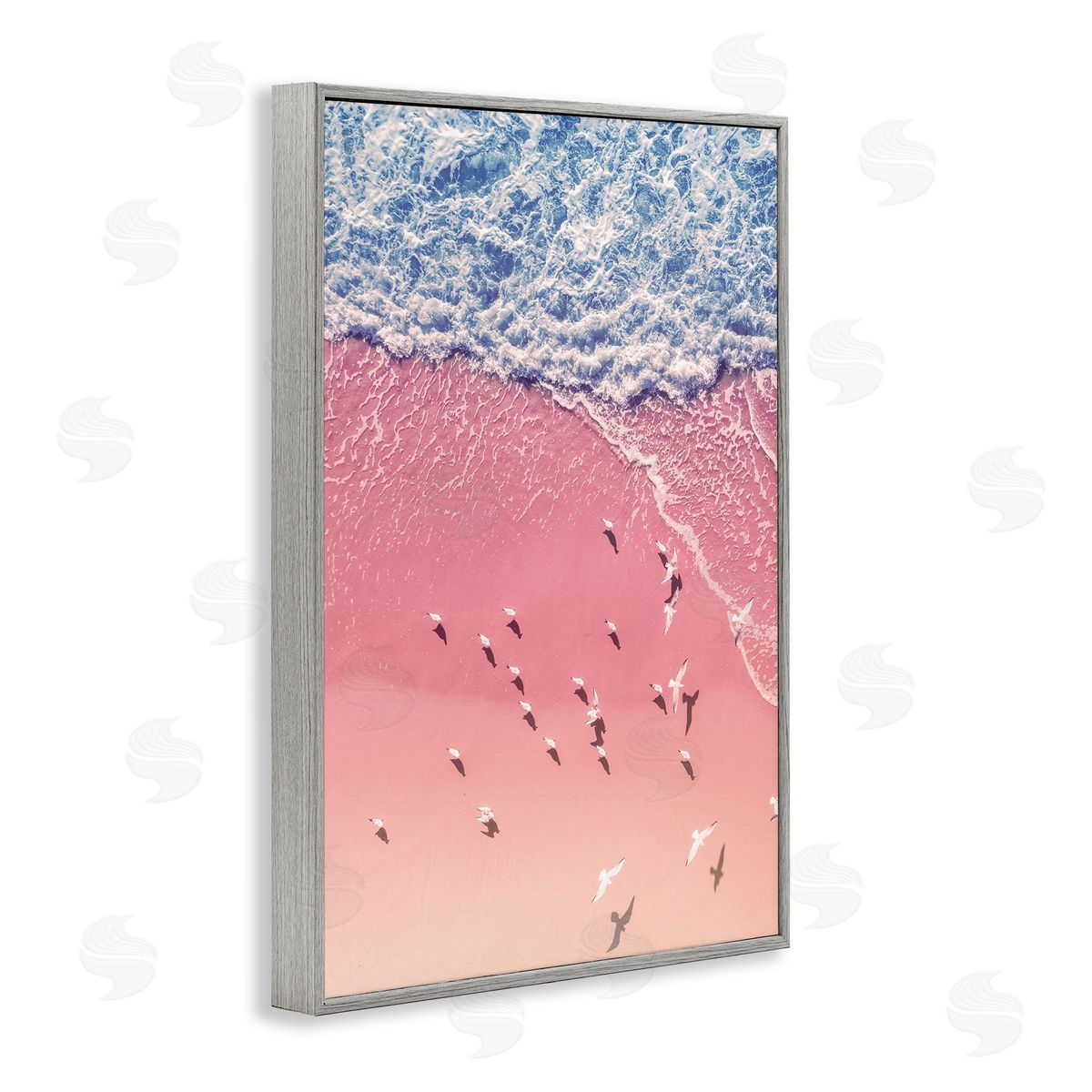 Nataly White Aerial Seagulls Pink Beach Gray Framed Giclee Wall Art Print