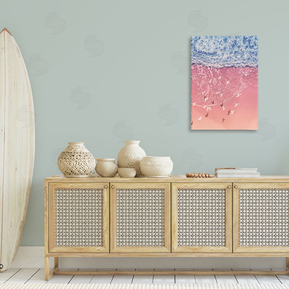 Nataly White Aerial Seagulls over Beach Canvas Wall Art Print in Room