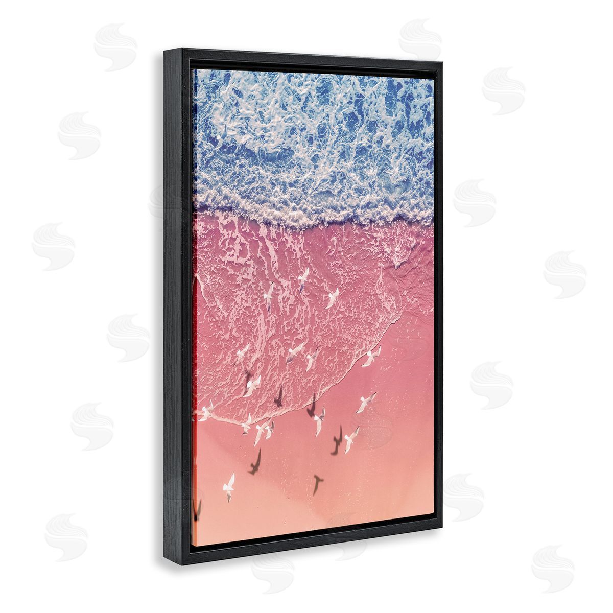Nataly White Aerial Seagulls over Beach Black Floating Frame Canvas Wall Art Print