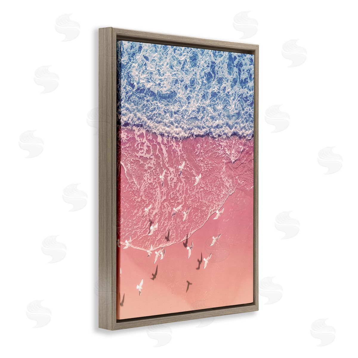 Nataly White Aerial Seagulls over Beach Brown Floating Frame Canvas Wall Art Print