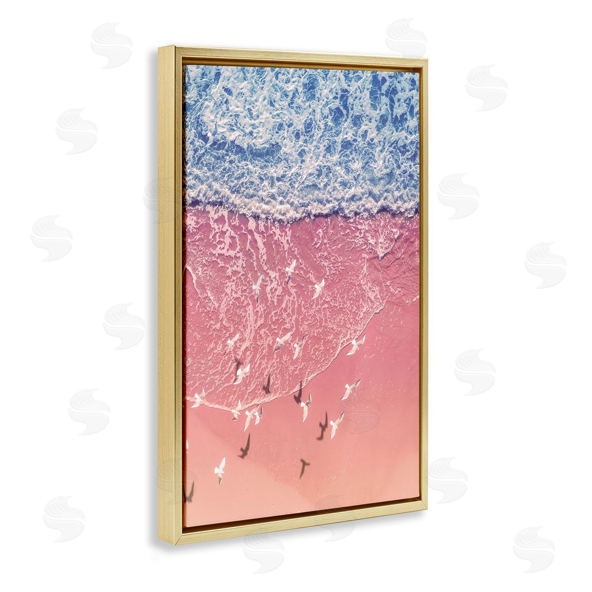 Nataly White Aerial Seagulls over Beach Gold Floating Frame Canvas Wall Art Print