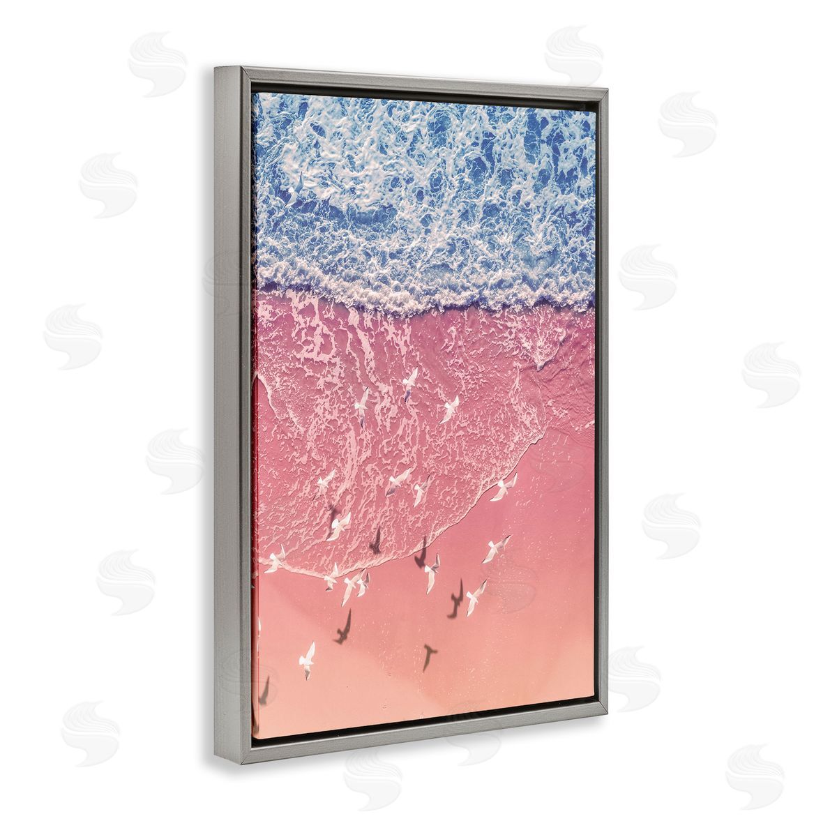 Nataly White Aerial Seagulls over Beach Gray Floating Frame Canvas Wall Art Print