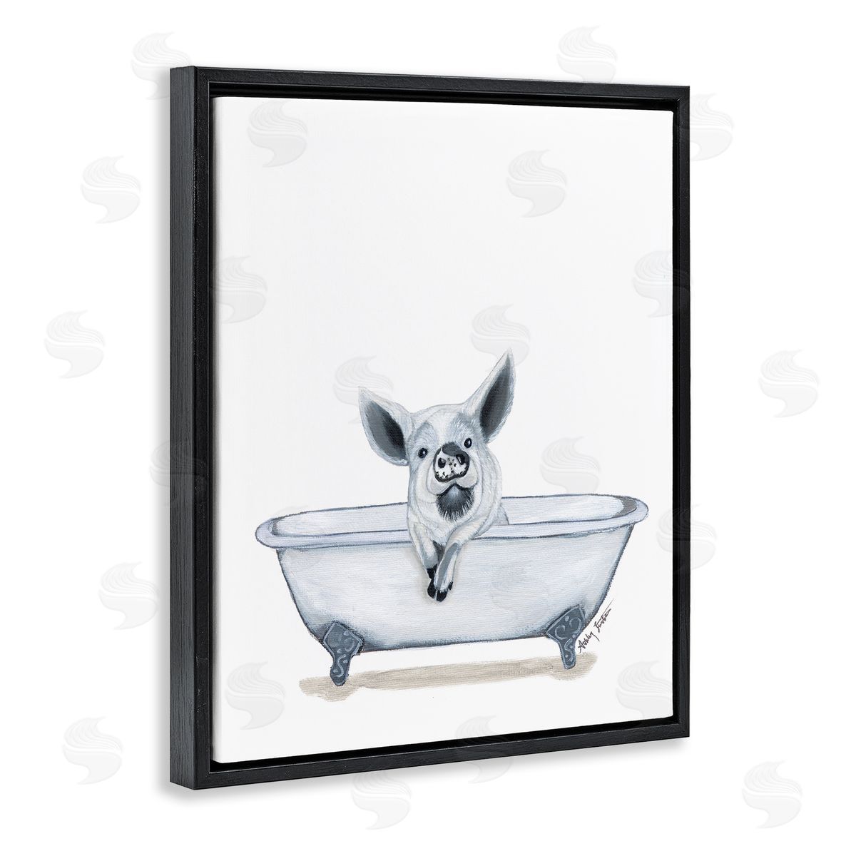 Ashley Justice Pig in Tub Sketch Black Floating Frame Canvas Wall Art Print