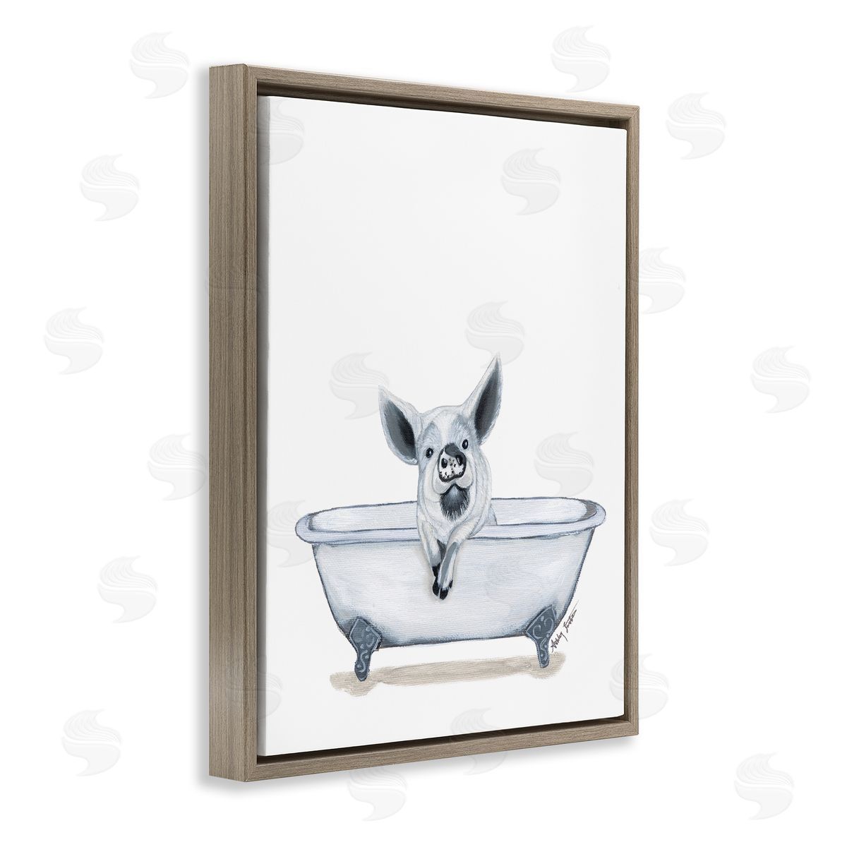 Ashley Justice Pig in Tub Sketch Brown Floating Frame Canvas Wall Art Print