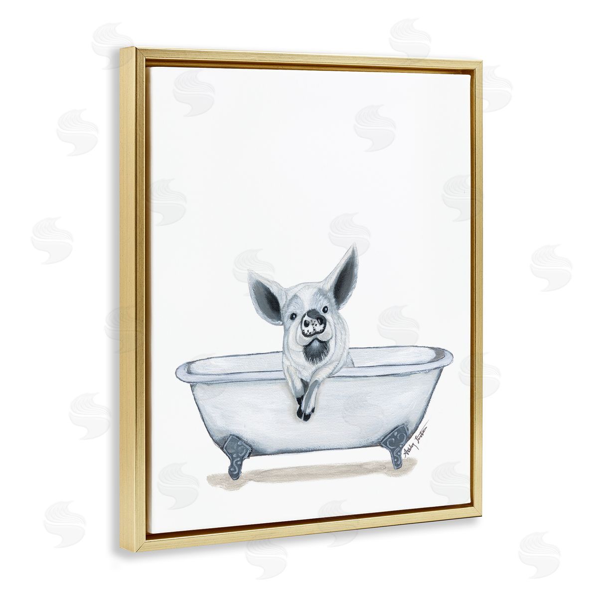 Ashley Justice Pig in Tub Sketch Gold Floating Frame Canvas Wall Art Print