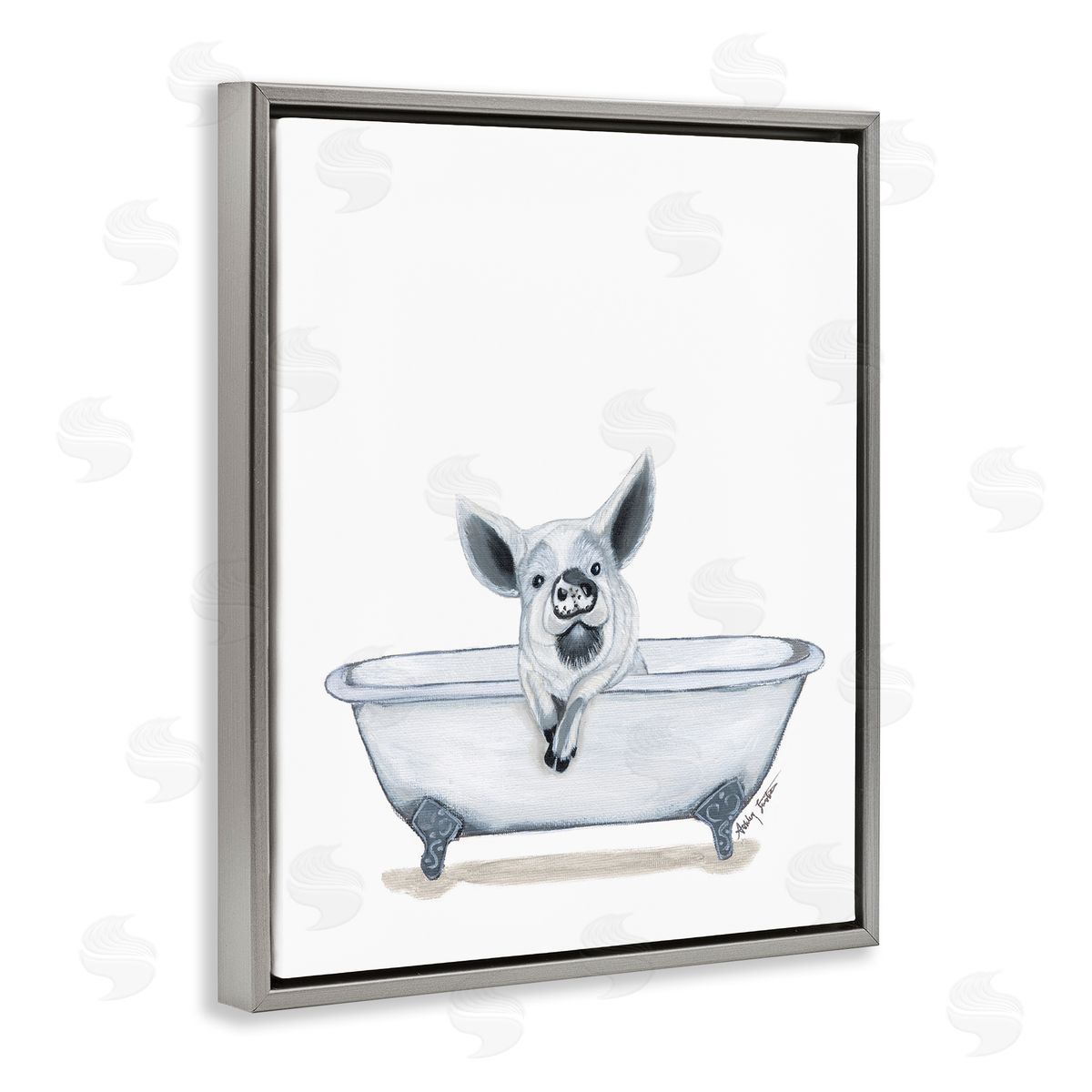 Ashley Justice Pig in Tub Sketch Gray Floating Frame Canvas Wall Art Print