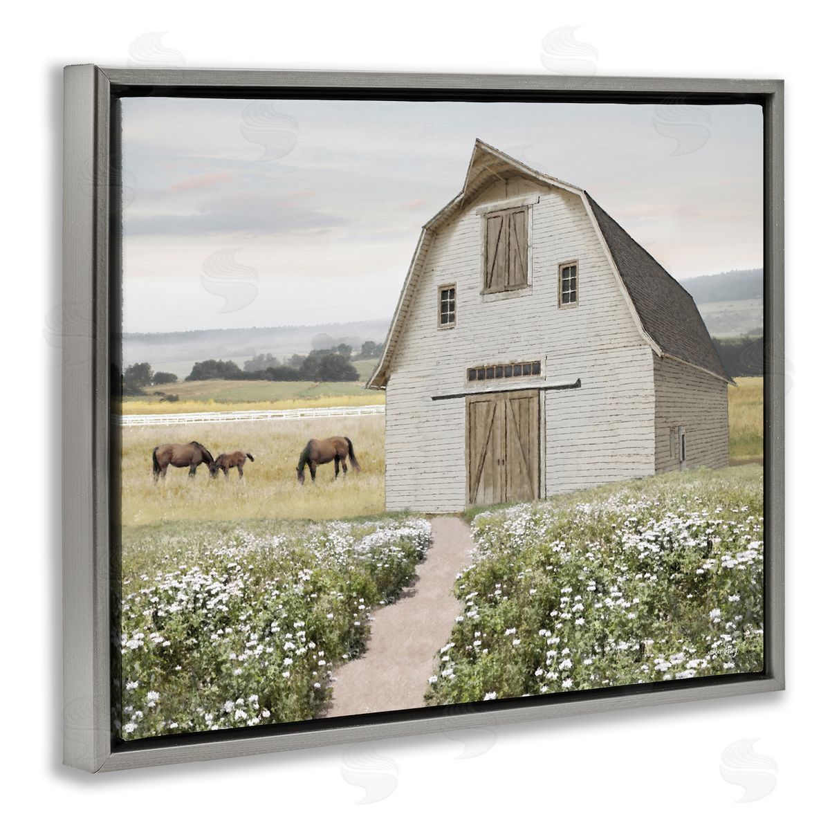 Amber Sterling Charming Path to Barn Gray Floating Frame Canvas Wall Art Print