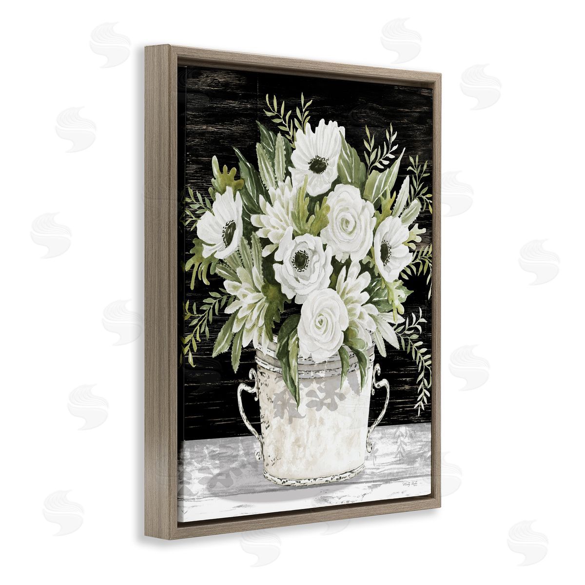 Cindy Jacobs White Flowers Country Tin Brown Floating Frame Canvas Wall Art Print