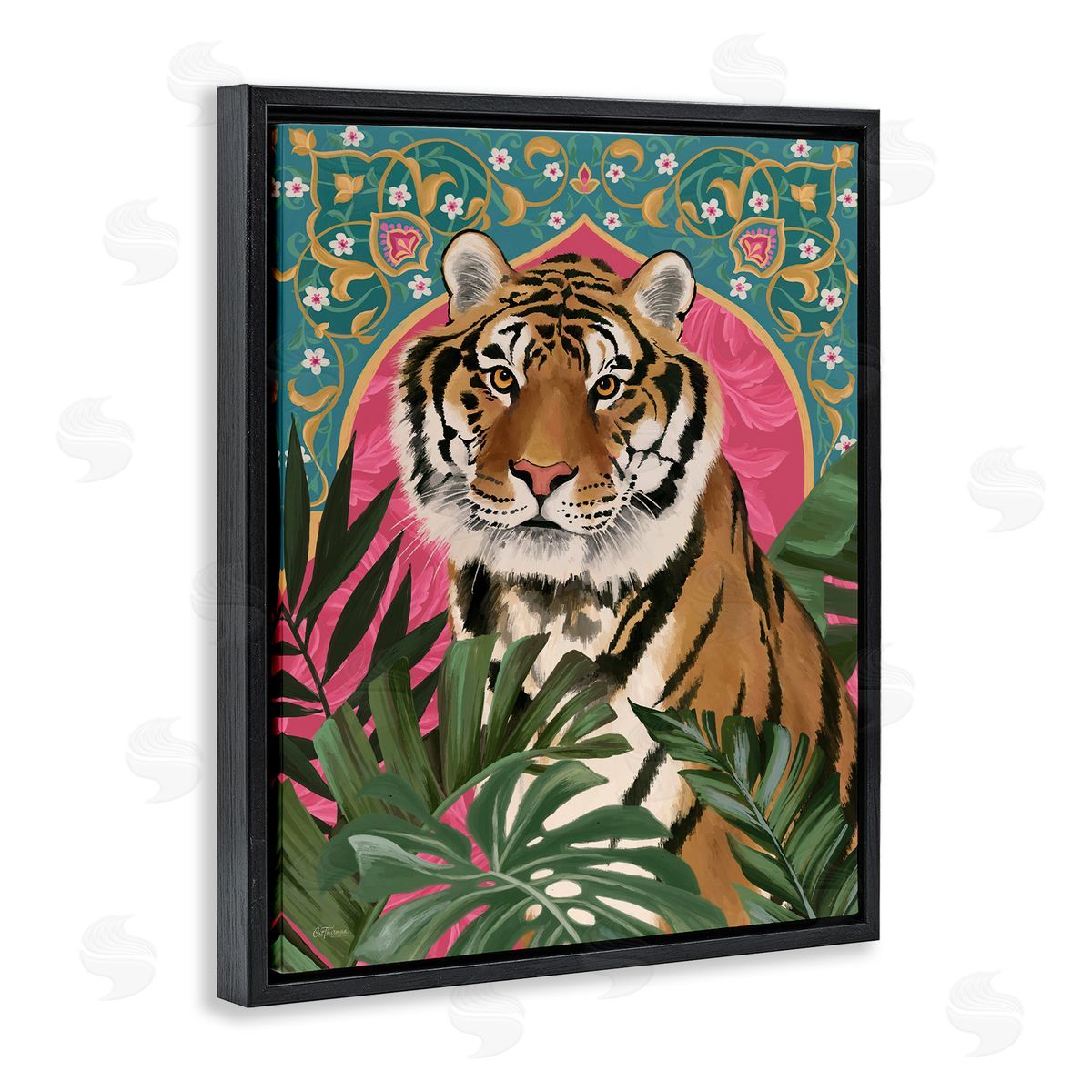 Cat Thurman Designs Arabesque Tiger & Plants Black Floating Frame Canvas Wall Art Print