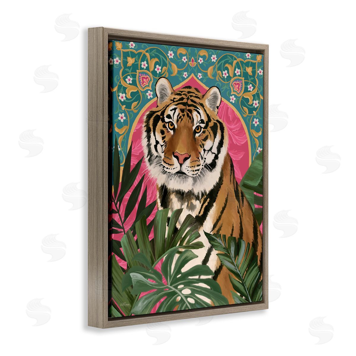 Cat Thurman Designs Arabesque Tiger & Plants Brown Floating Frame Canvas Wall Art Print