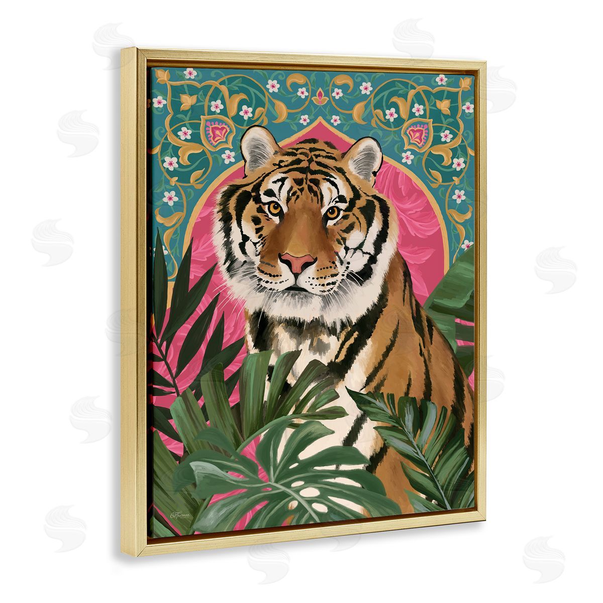 Cat Thurman Designs Arabesque Tiger & Plants Gold Floating Frame Canvas Wall Art Print