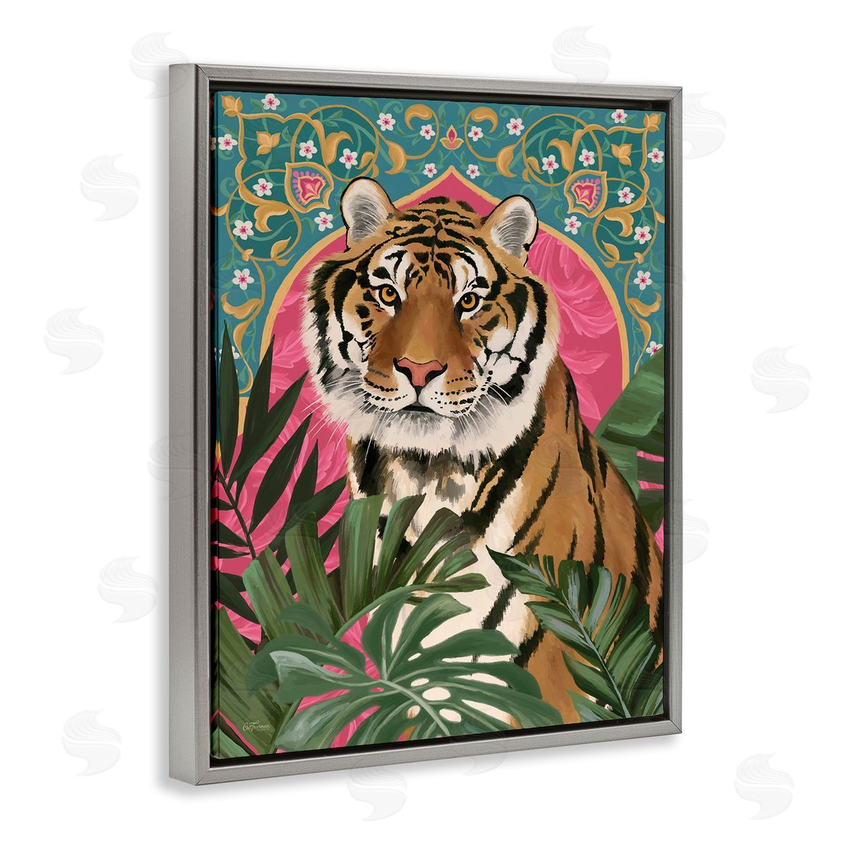 Cat Thurman Designs Arabesque Tiger & Plants Gray Floating Frame Canvas Wall Art Print