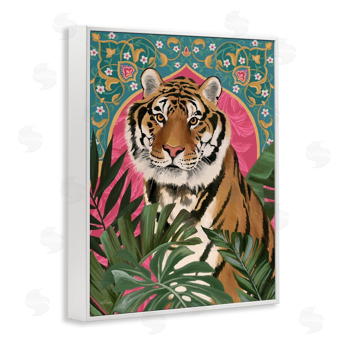 Cat Thurman Designs Arabesque Tiger & Plants White Framed Giclee Wall Art Print