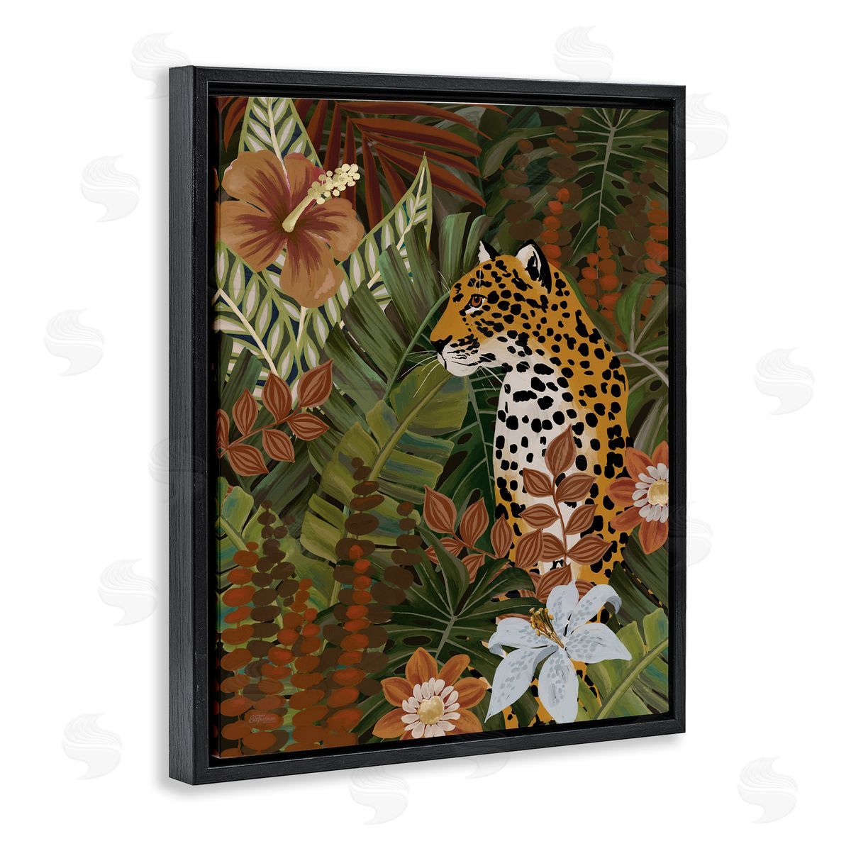 Cat Thurman Designs Hibiscus Jungle Leopard Black Floating Frame Canvas Wall Art Print