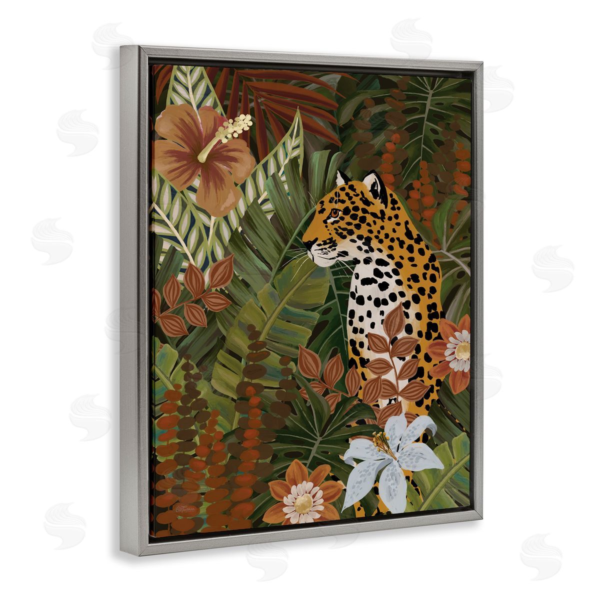 Cat Thurman Designs Hibiscus Jungle Leopard Gray Floating Frame Canvas Wall Art Print