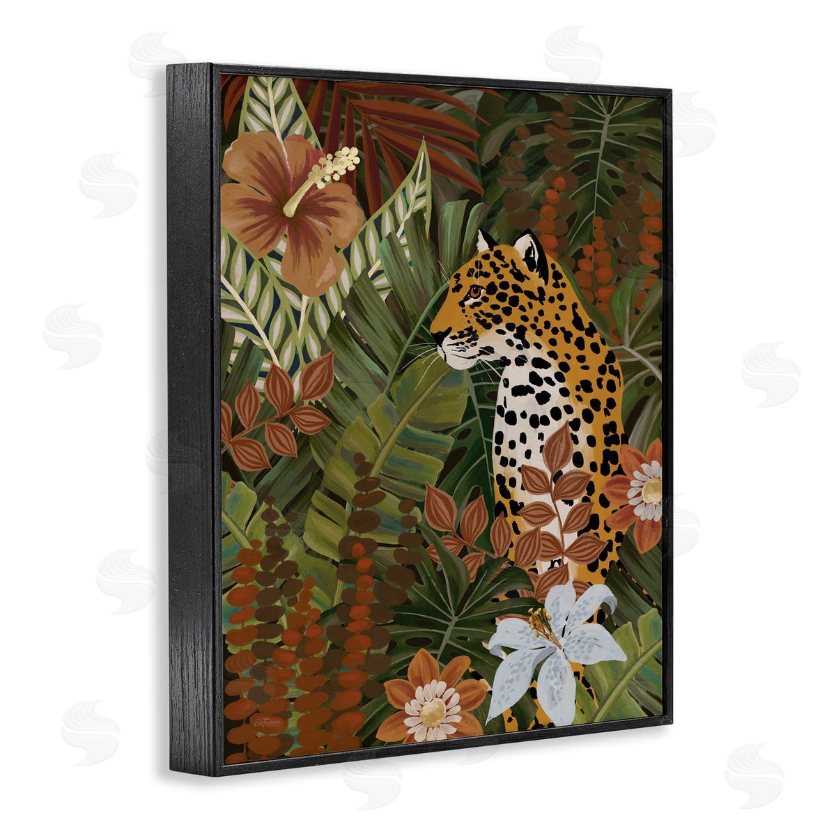 Cat Thurman Designs Hibiscus Jungle Leopard Black Framed Giclee Wall Art Print