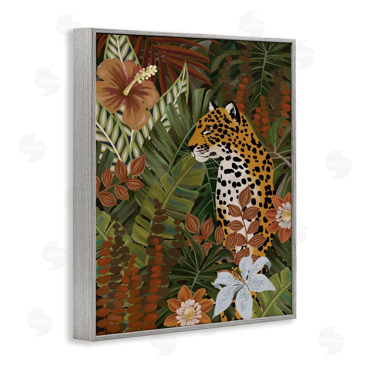 Cat Thurman Designs Hibiscus Jungle Leopard Gray Framed Giclee Wall Art Print