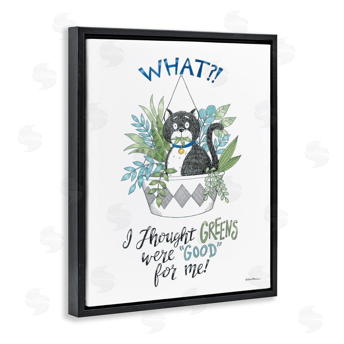 Deb Strain Funny Cat Eating Plant Black Floating Frame Canvas Wall Art Print