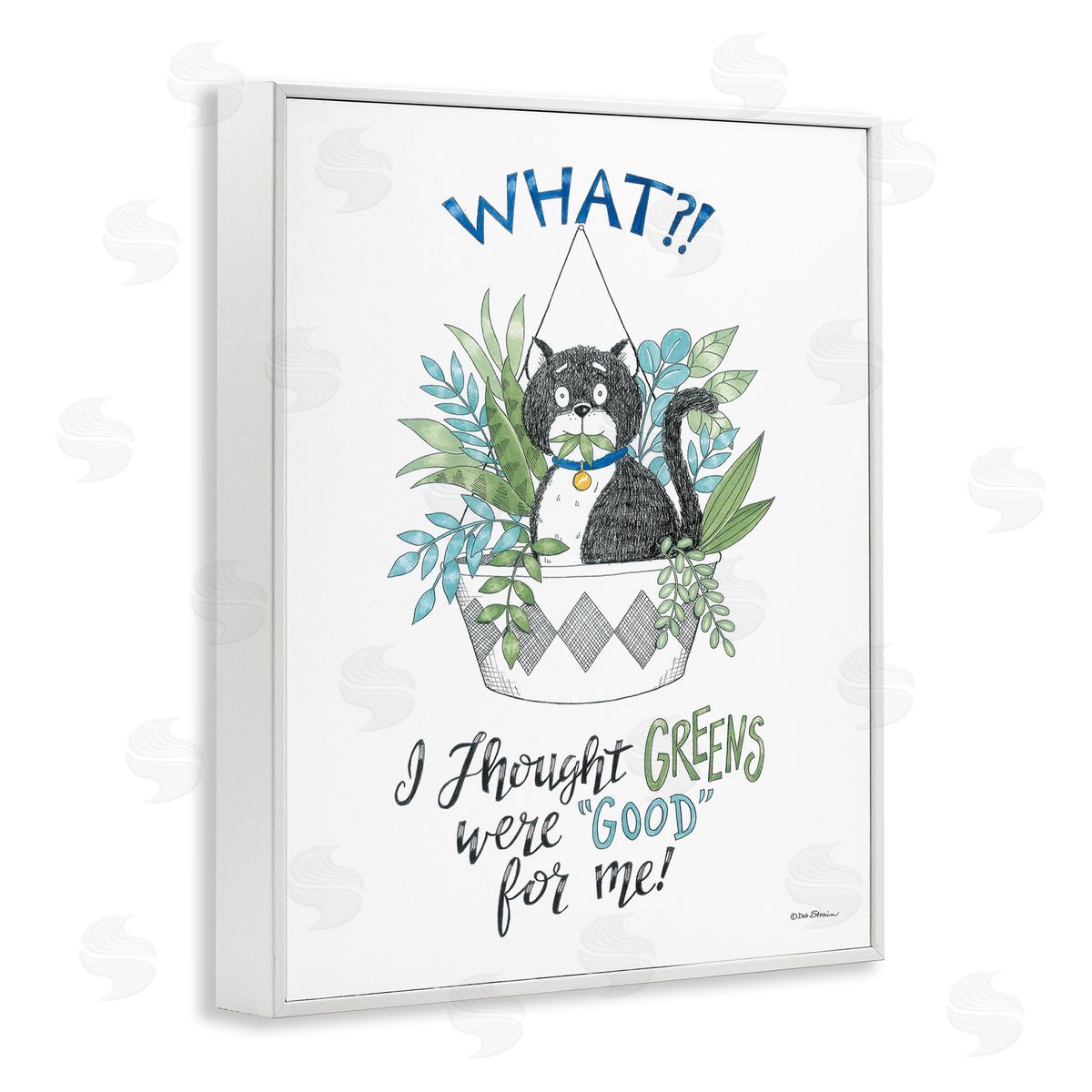 Deb Strain Funny Cat Eating Plant White Framed Giclee Wall Art Print