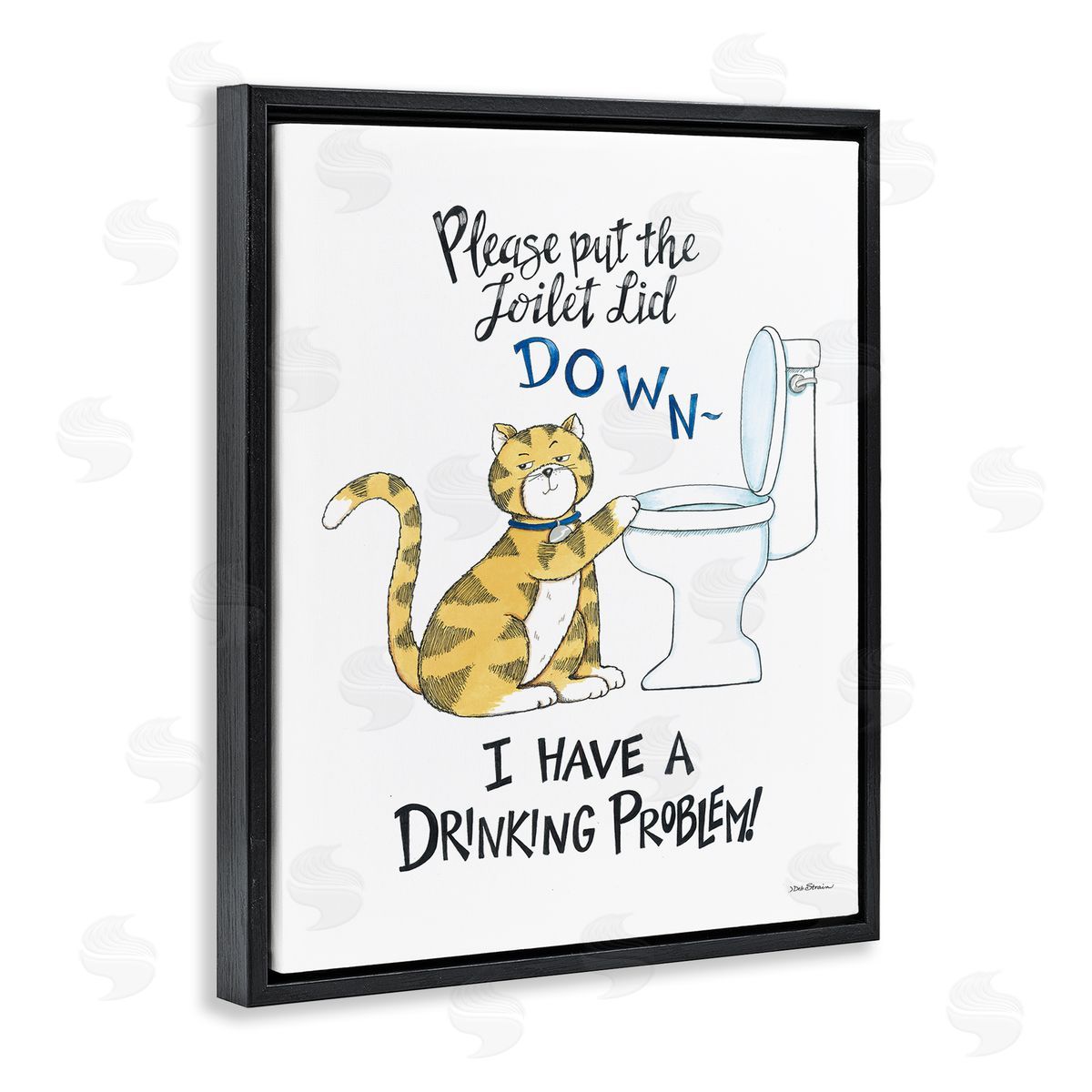 Deb Strain Funny Cat & Toilet Black Floating Frame Canvas Wall Art Print