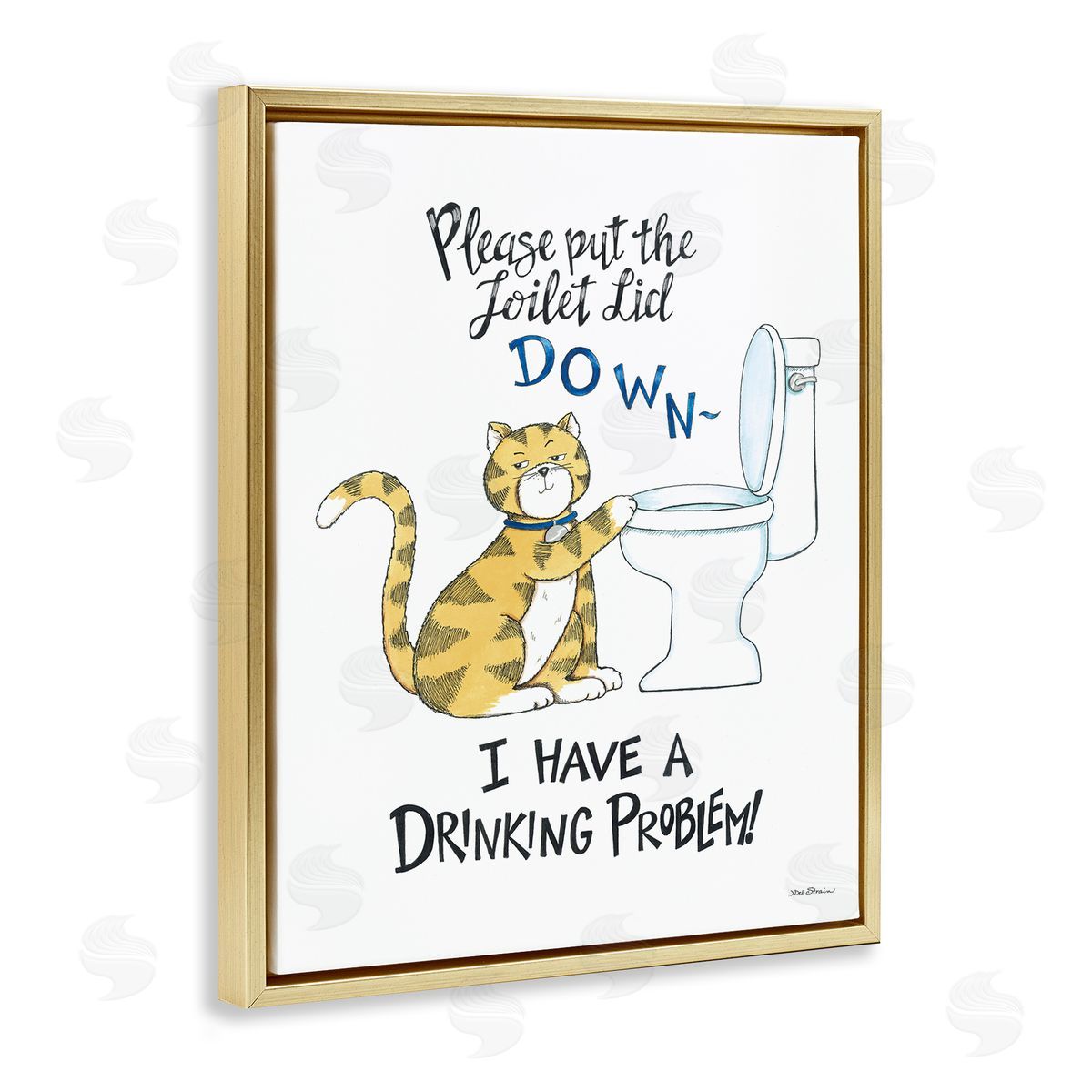 Deb Strain Funny Cat & Toilet Gold Floating Frame Canvas Wall Art Print