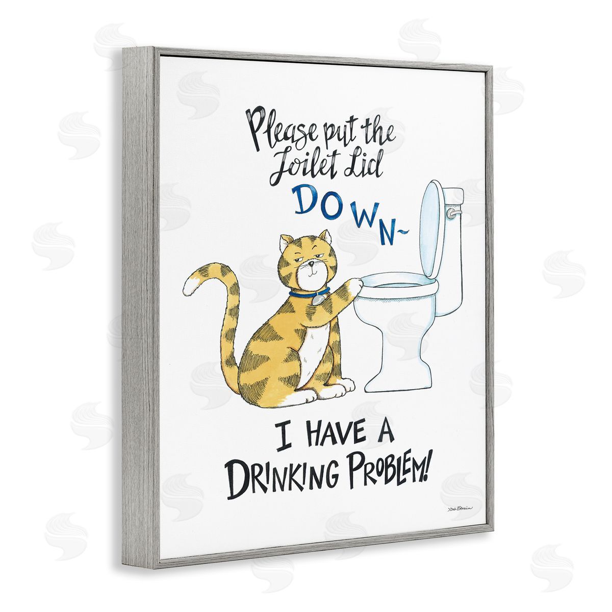 Deb Strain Funny Cat & Toilet Gray Framed Giclee Wall Art Print