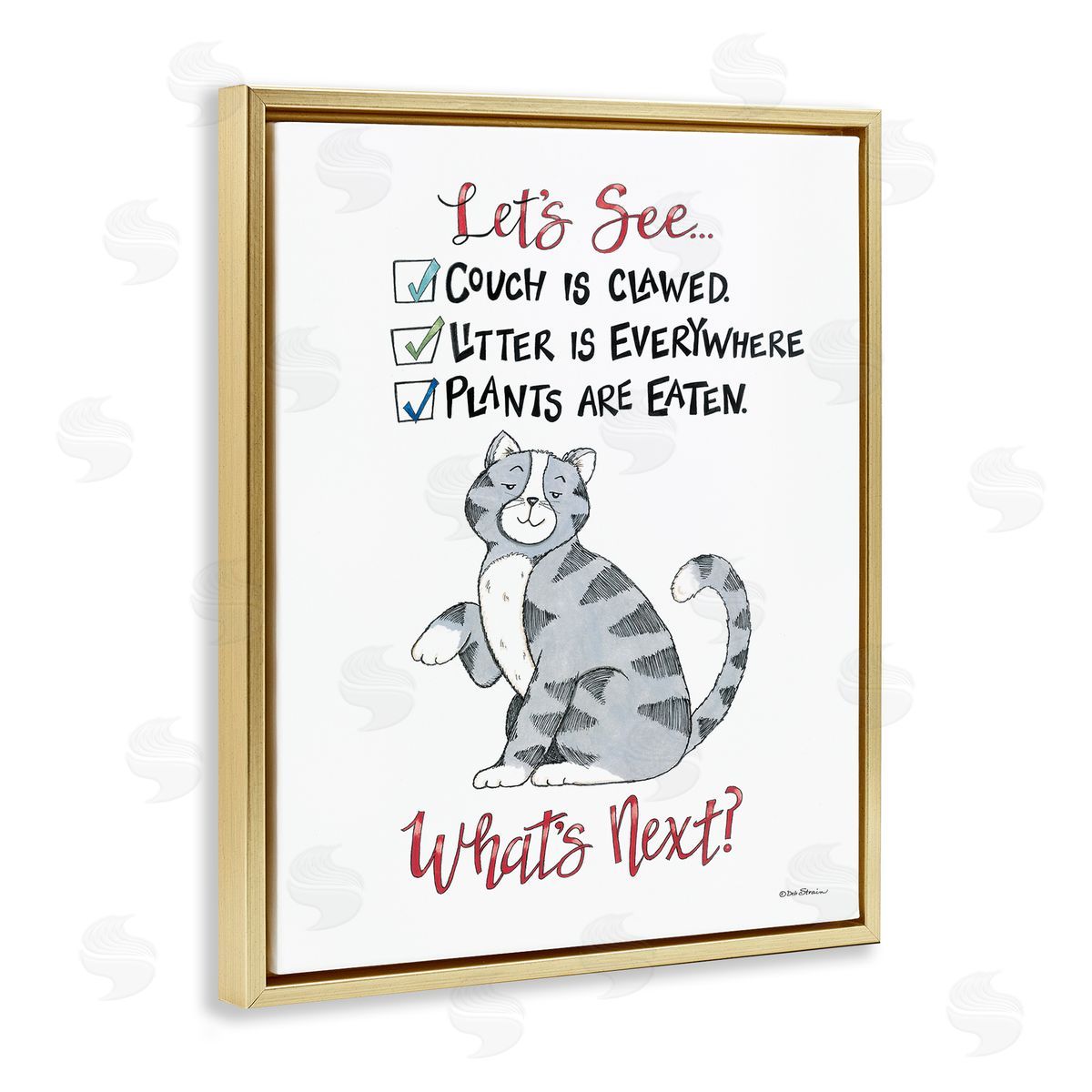 Deb Strain Funny Troublemaker Cat Gold Floating Frame Canvas Wall Art Print