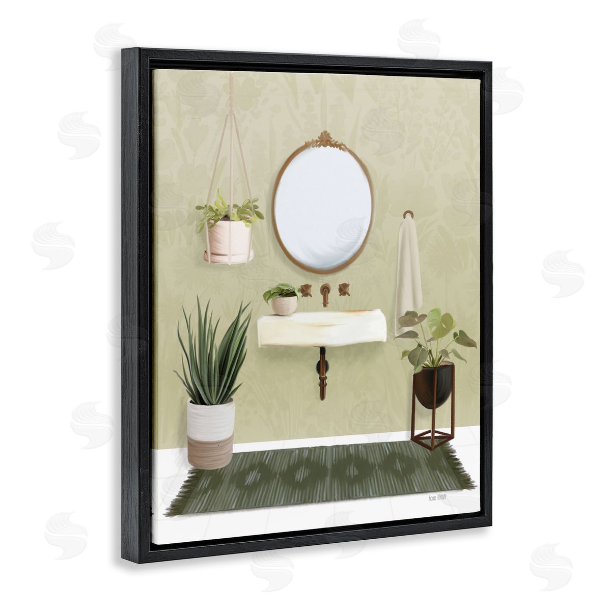House Fenway Soothing Bathroom with Plants Black Floating Frame Canvas Wall Art Print