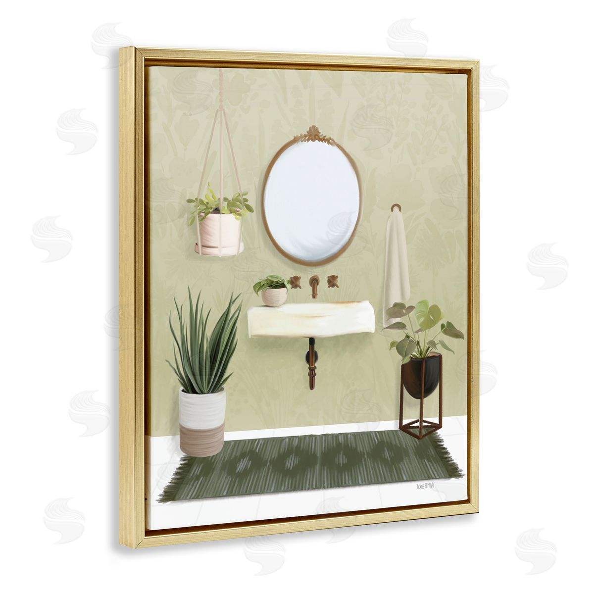 House Fenway Soothing Bathroom with Plants Gold Floating Frame Canvas Wall Art Print