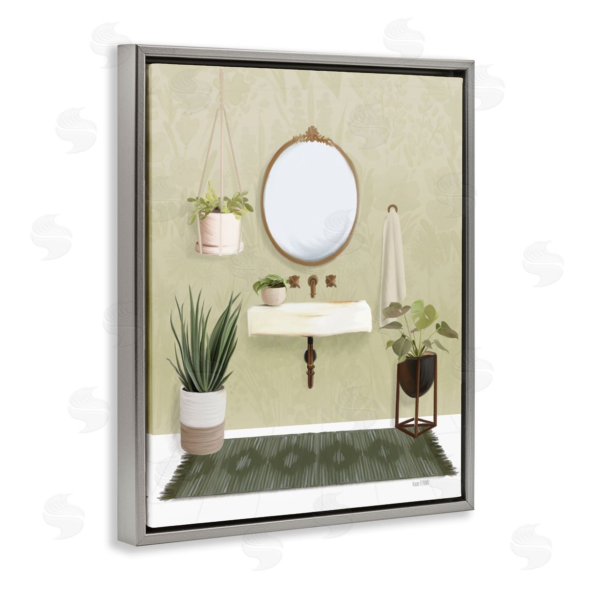 House Fenway Soothing Bathroom with Plants Gray Floating Frame Canvas Wall Art Print
