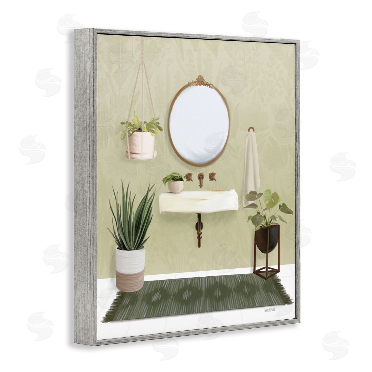House Fenway Soothing Bathroom with Plants Gray Framed Giclee Wall Art Print
