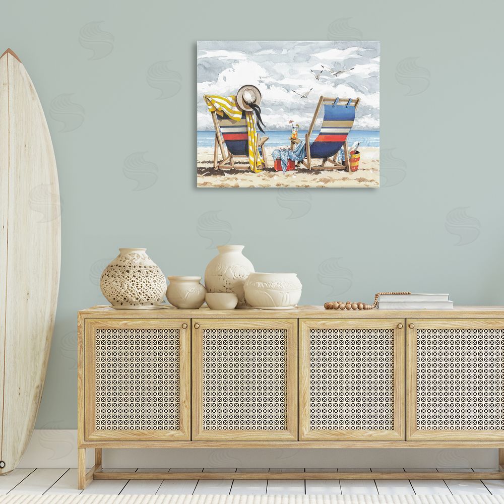 John Rossini Peaceful Beach Chairs Hangout Canvas Wall Art Print in Room