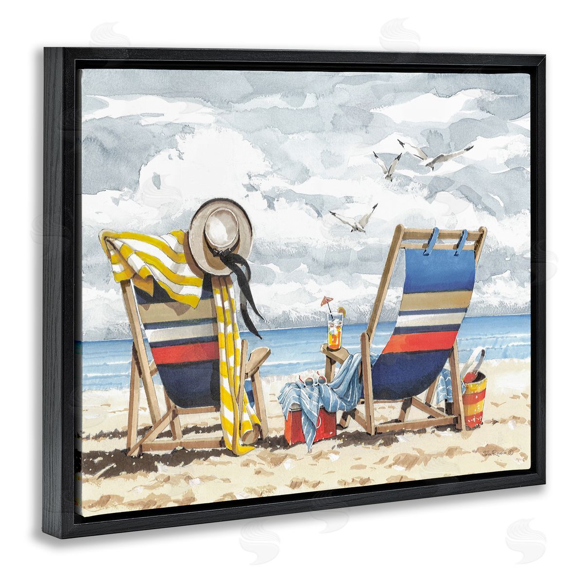 John Rossini Peaceful Beach Chairs Hangout Black Floating Frame Canvas Wall Art Print