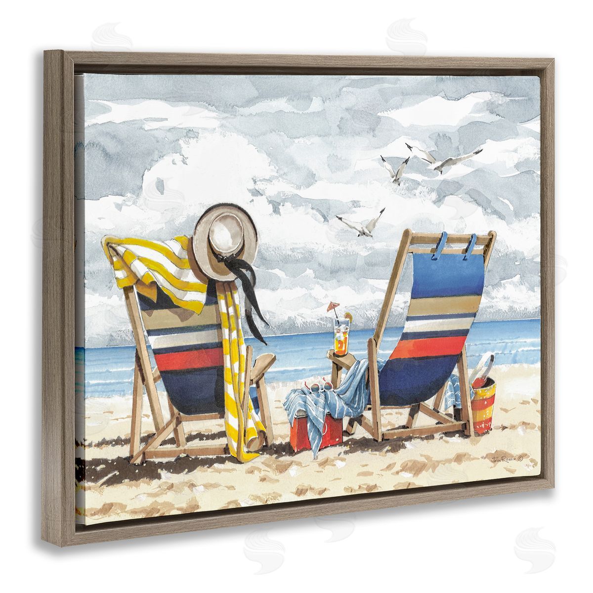 John Rossini Peaceful Beach Chairs Hangout Brown Floating Frame Canvas Wall Art Print