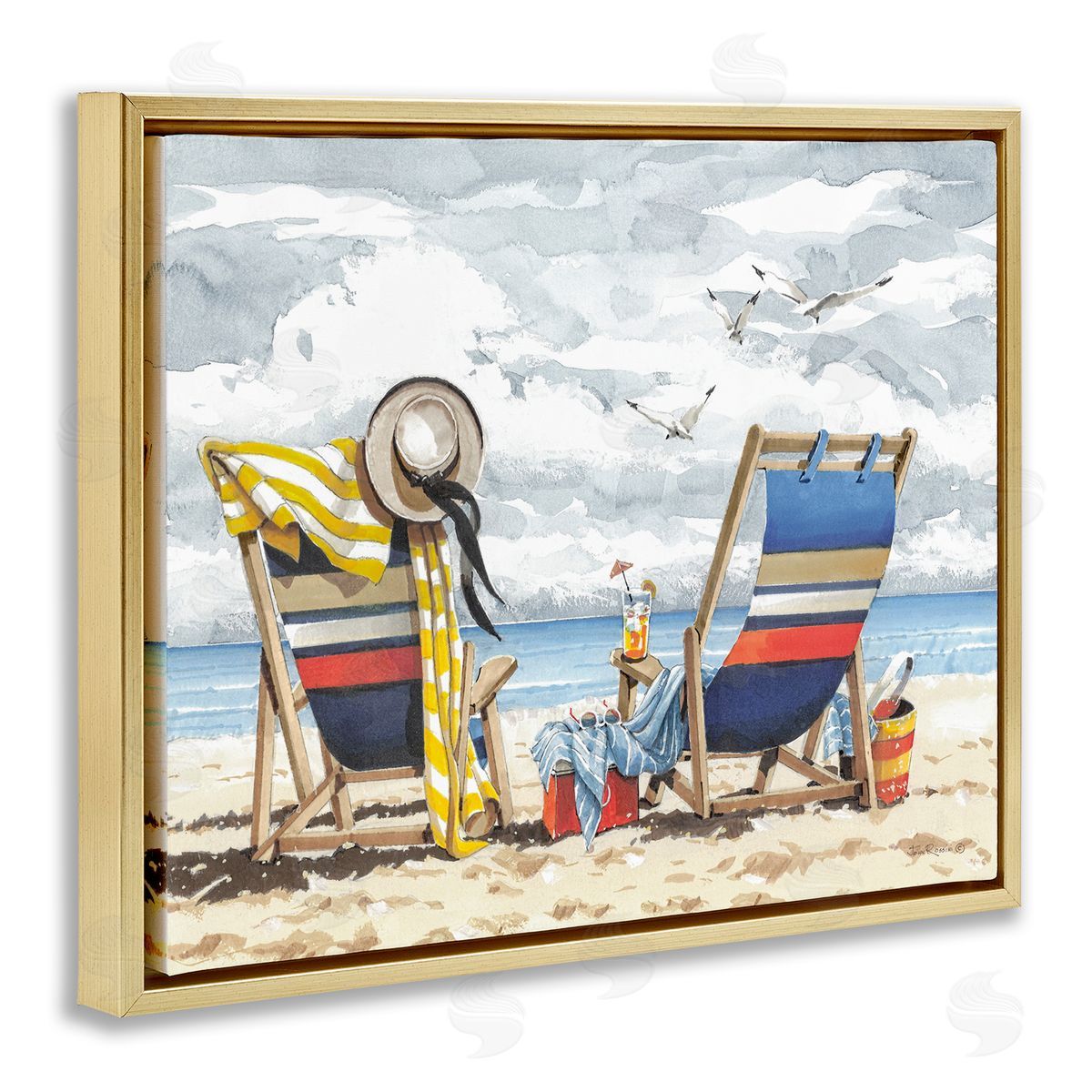 John Rossini Peaceful Beach Chairs Hangout Gold Floating Frame Canvas Wall Art Print