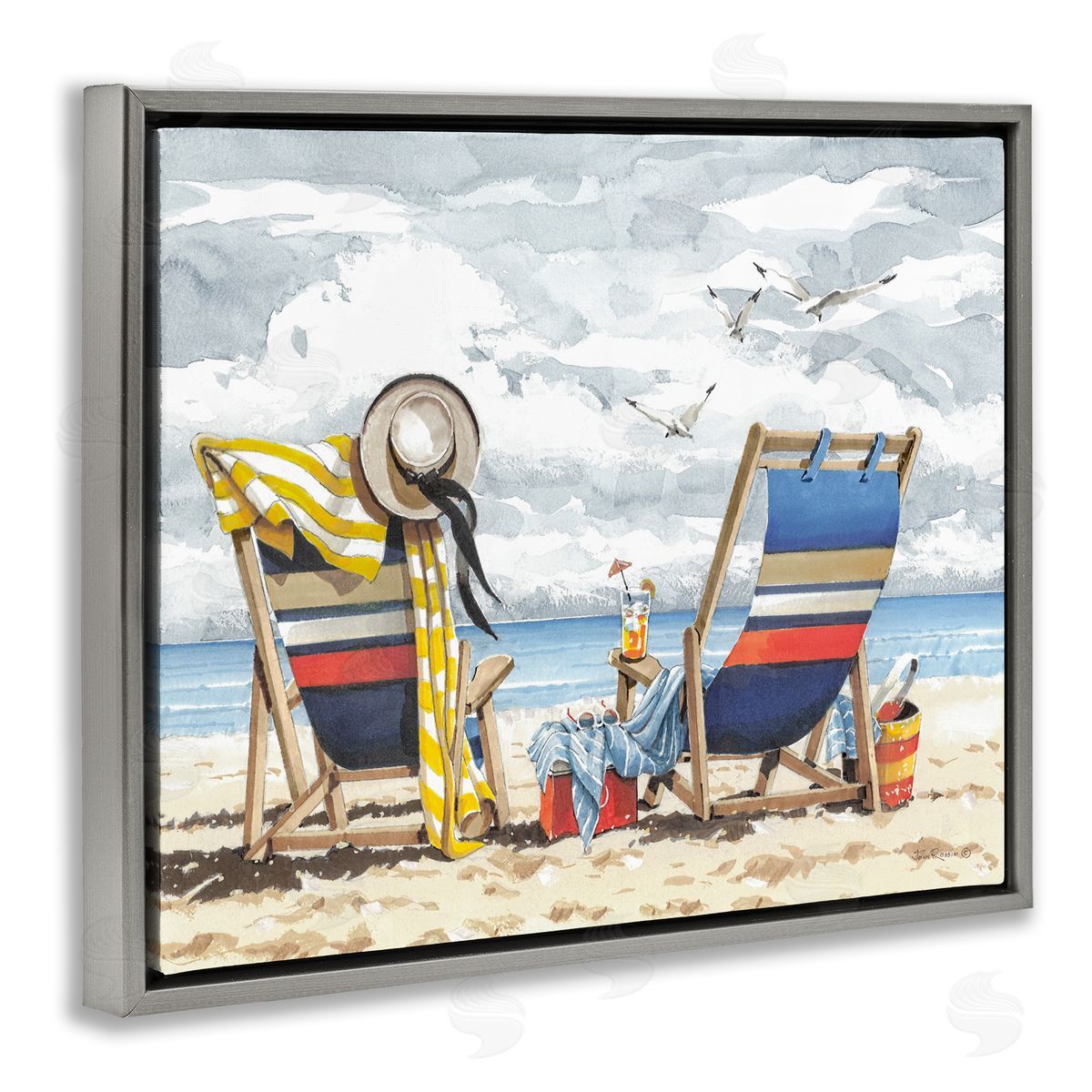 John Rossini Peaceful Beach Chairs Hangout Gray Floating Frame Canvas Wall Art Print