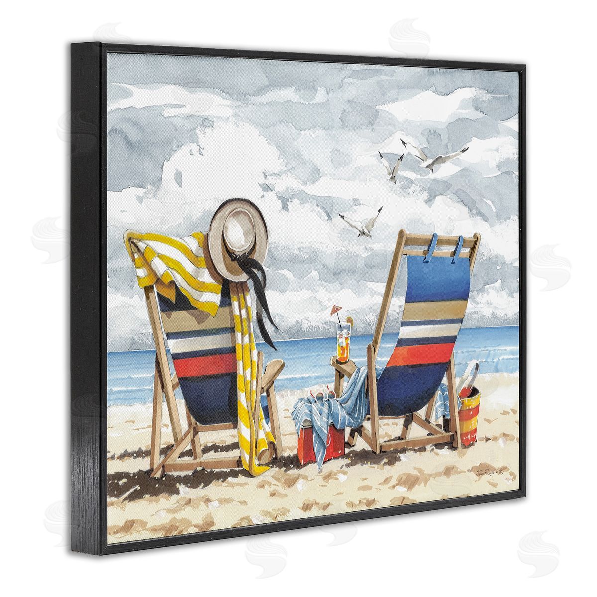 John Rossini Peaceful Beach Chairs Hangout Black Framed Giclee Wall Art Print